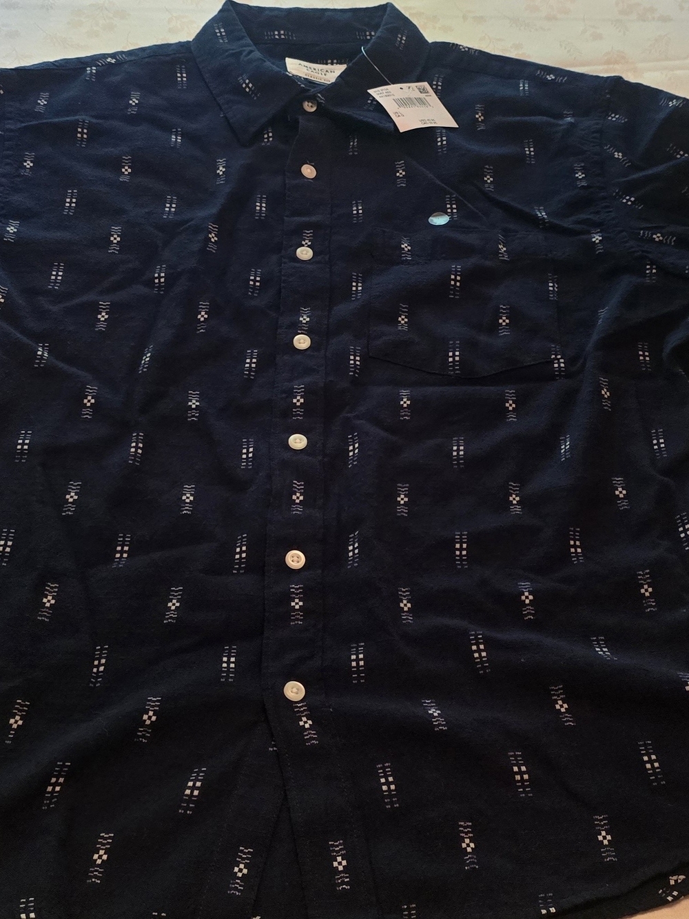 American Eagle Outfitters Navy Button-Down Shirt with Light Print